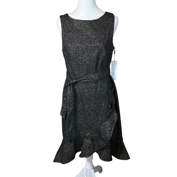 CALVIN KLEIN NWT $134 Stretch Metallic Belted Ruffle Flounce Dress Size 10 Party - Picture 6 of 16